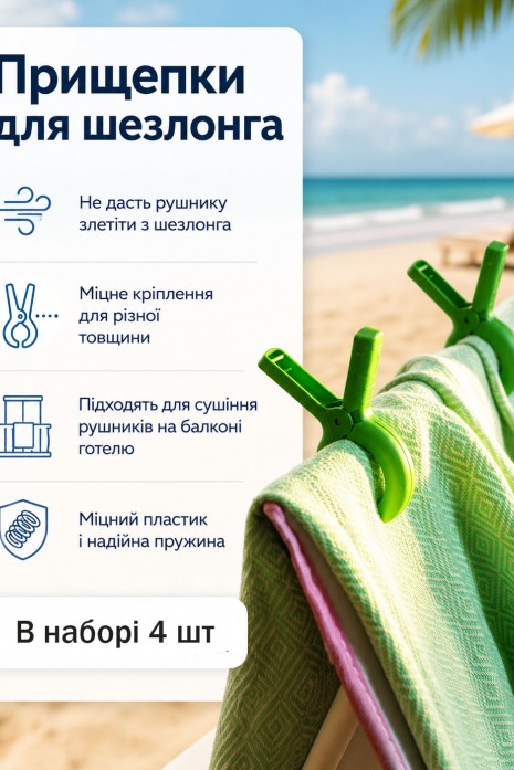 Прищепки для пляжных полотенец для шезлонга лежака 4 шт зеленые Прищепки для пляжных полотенец для шезлонга лежака 4 шт зеленые