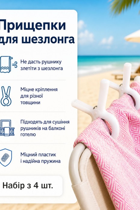 Прищепки для пляжных полотенец на шезлонг лежаки 4 шт белые Прищепки для пляжных полотенец на шезлонг лежаки 4 шт белые