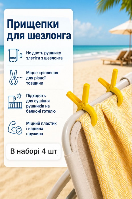 Прищепки для пляжного полотенца для шезлонга лежака 4 шт желтые Прищепки для пляжного полотенца для шезлонга лежака 4 шт желтые